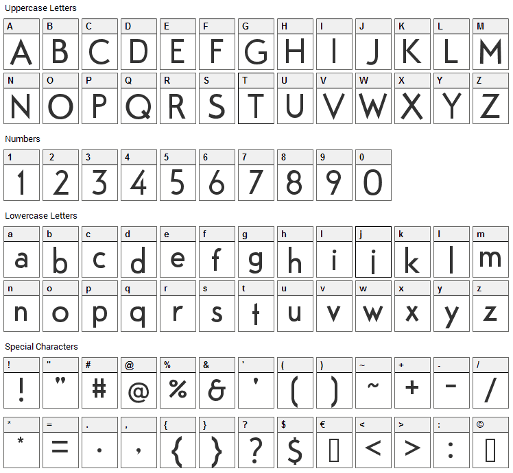 Fabrik Font Character Map