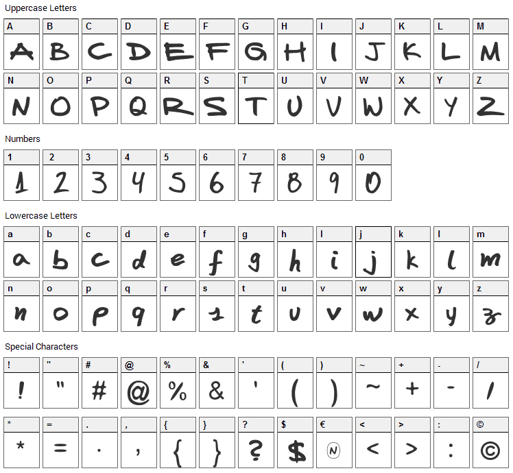 Fafers Handwriting Font Character Map