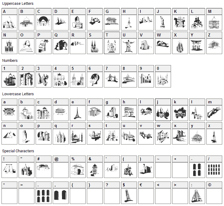 Famous Buildings Font Character Map