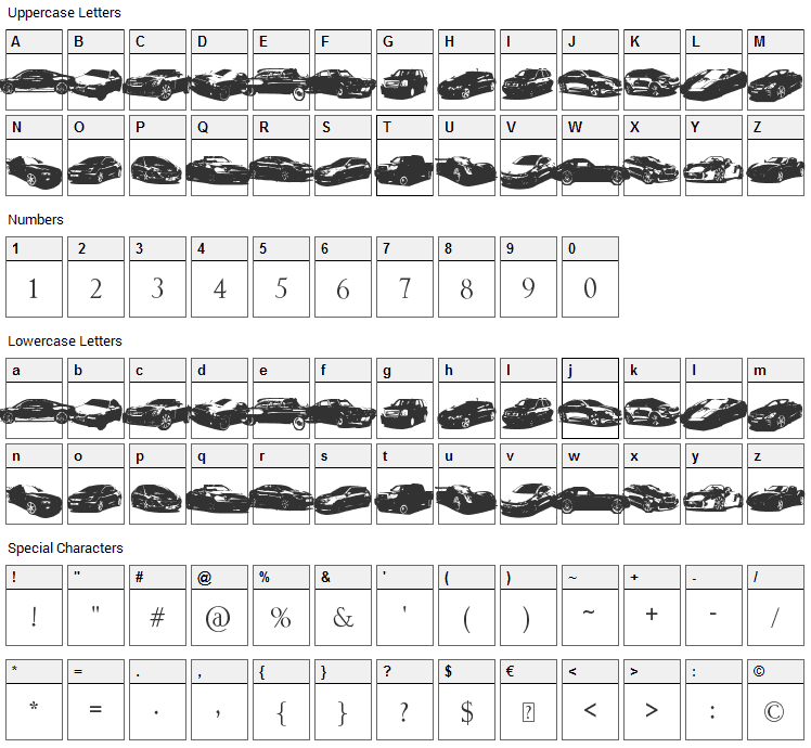 Famous Cars Font Character Map