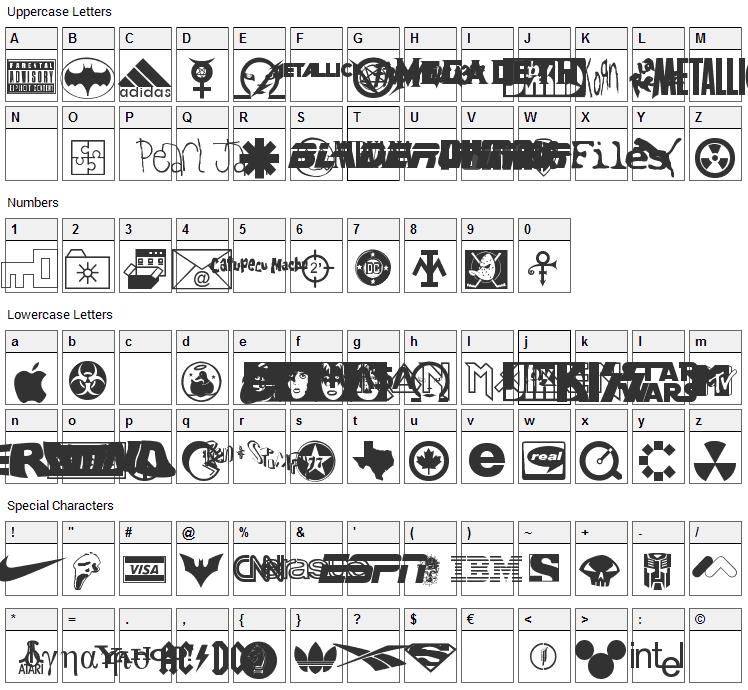 Famous Logos Font Character Map