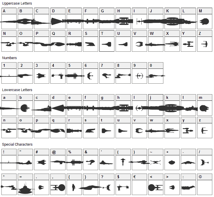 Famous Spaceships Font Character Map