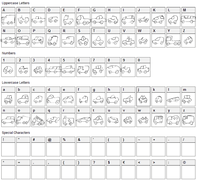 Fantastique Cars Font Character Map