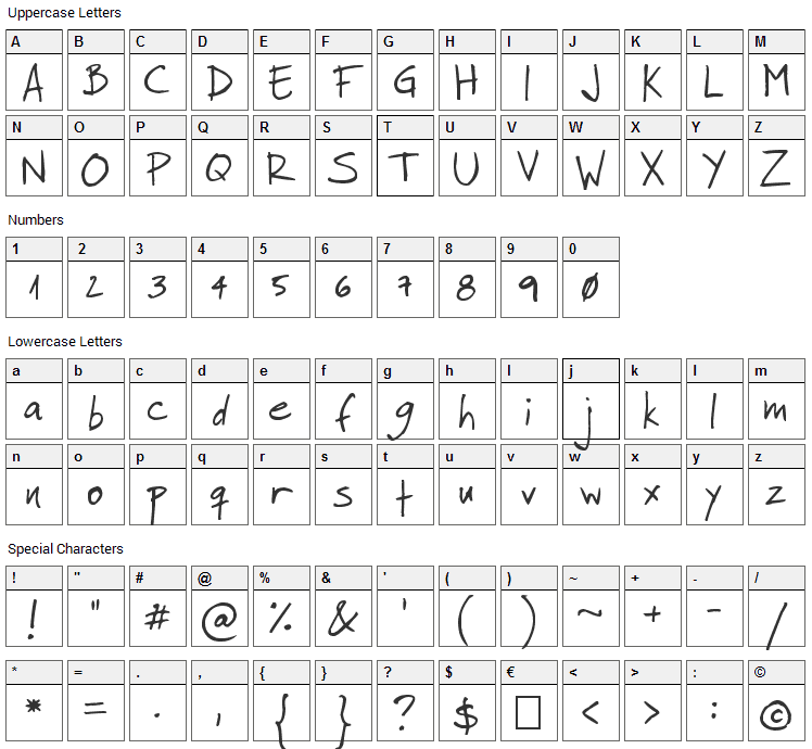 Faraco Hand Font Character Map