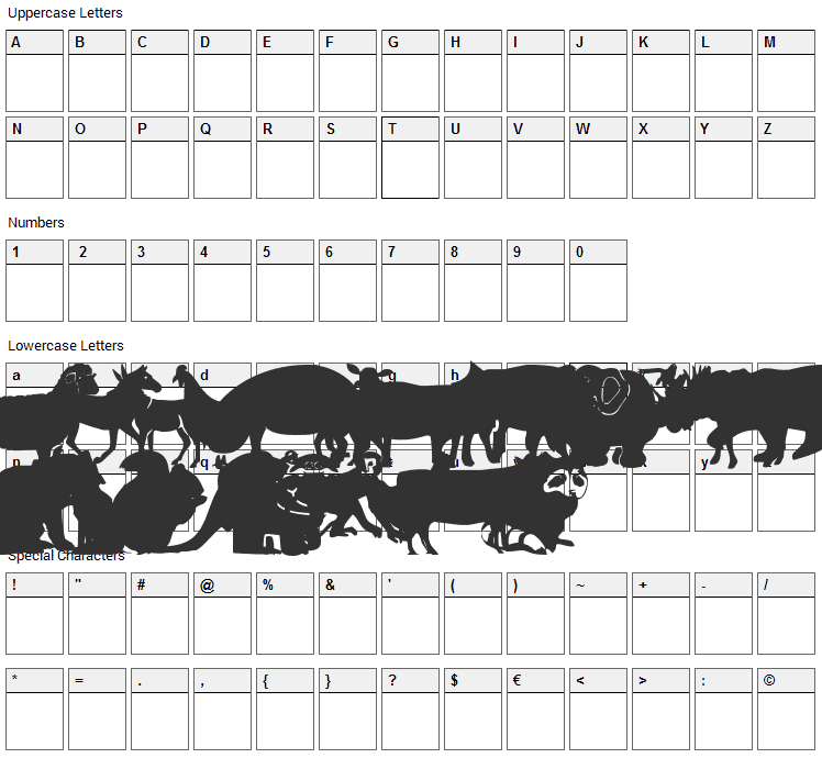 Farm & Wild Animals Font Character Map