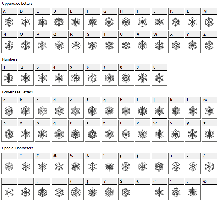 Faux Snow Font Character Map