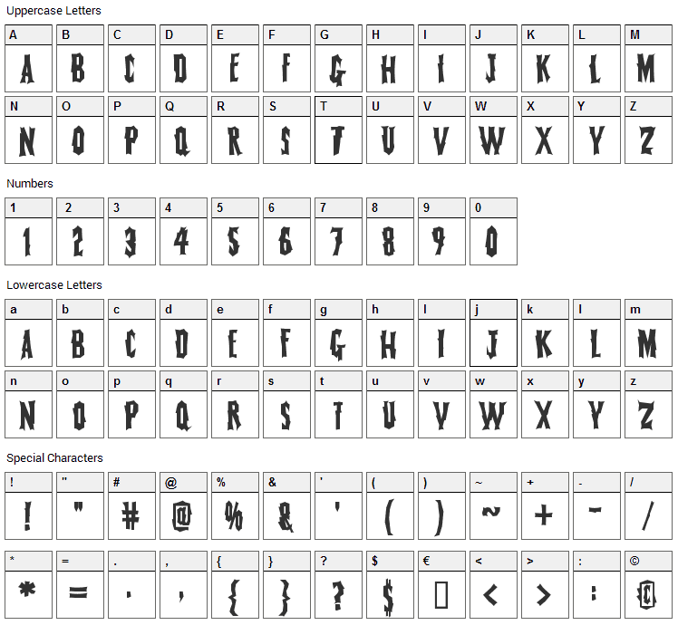 Fearless Vampire Killer Font Character Map