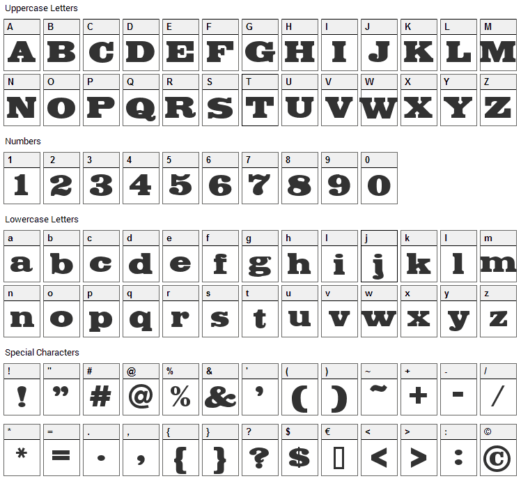 Fette Egyptienne Font Character Map