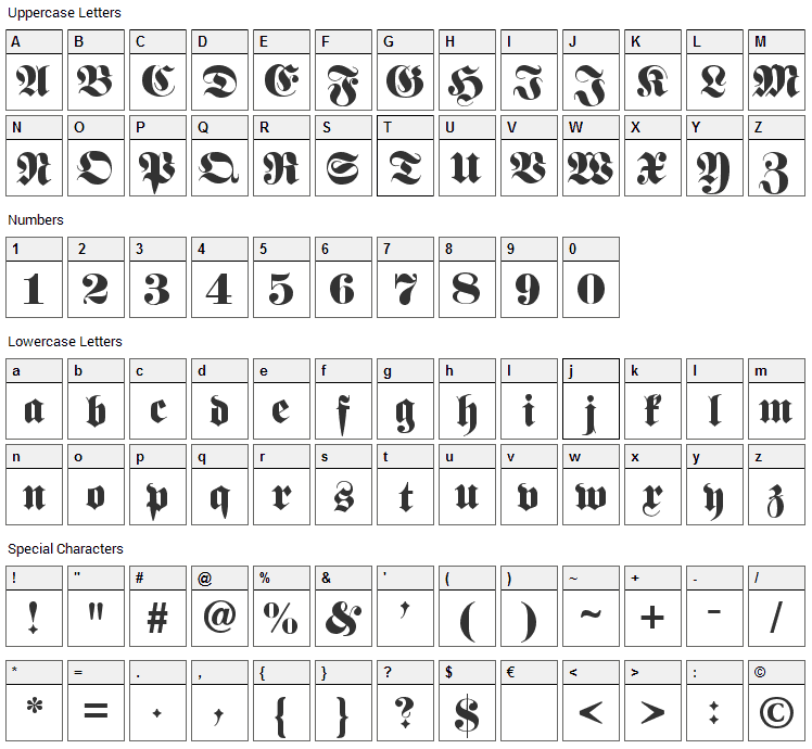 Fette Unz Fraktur Font Character Map
