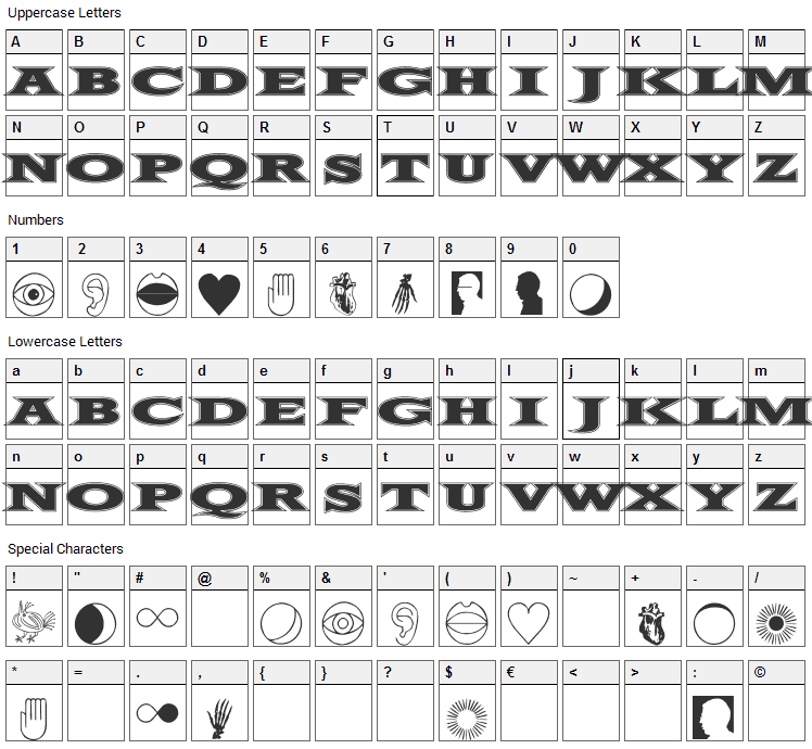 Fifty Two Letters Font Character Map