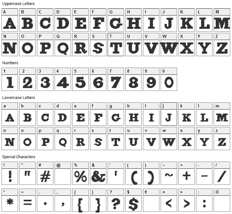 Figgins Brute Trash Font Character Map