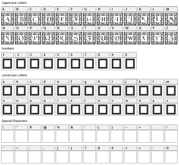 Fillegree Caps Font Character Map