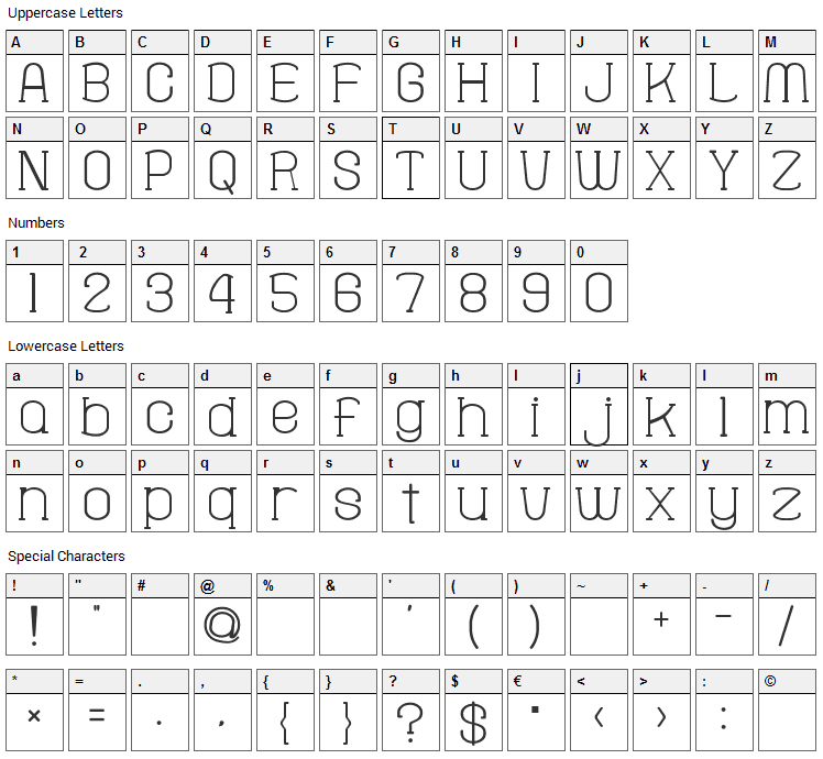 Fine Serif Hosomozi Font Character Map