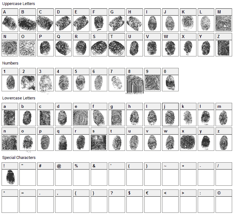 Finger Print Font Character Map