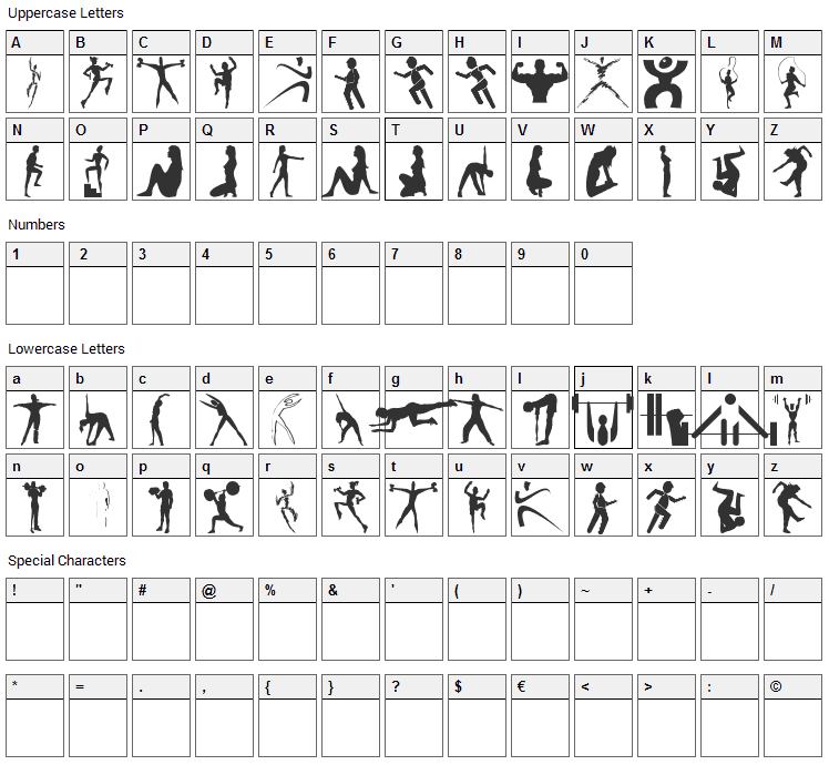 Fitness Silhouettes Font Character Map
