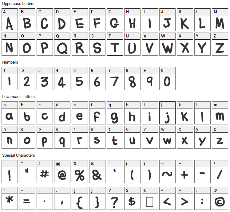 Flabby Bums Handwriting Font Character Map