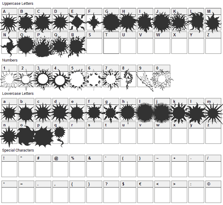 Flaming Stars & Splatters Font Character Map