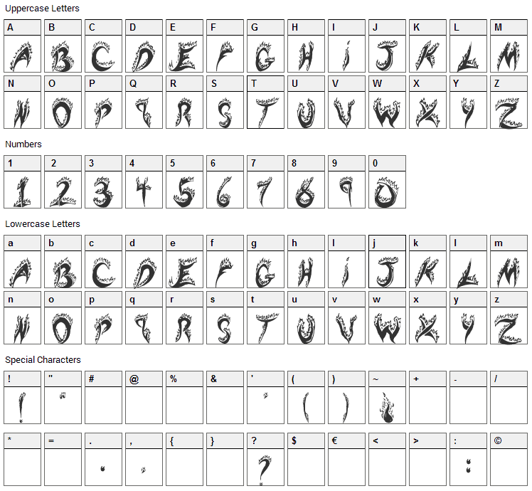 Flaming Tears Font Character Map