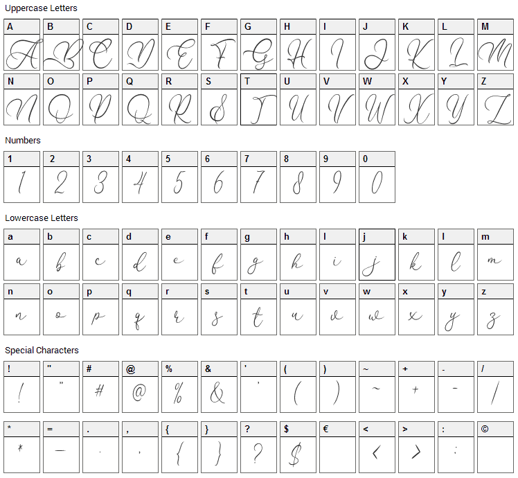 Flanella Font Character Map