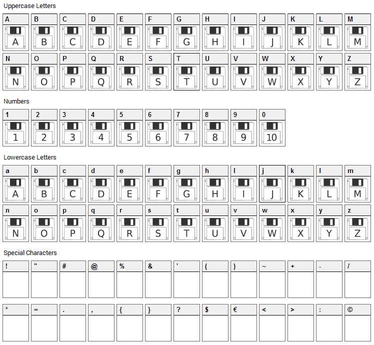 Floppy Disk Font Character Map