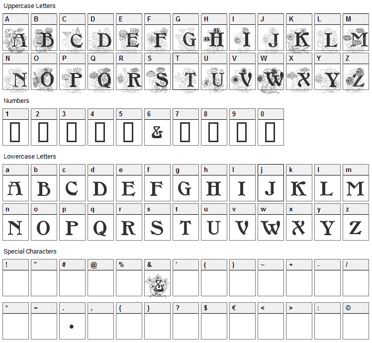 Floral Caps Nouveau Font Character Map