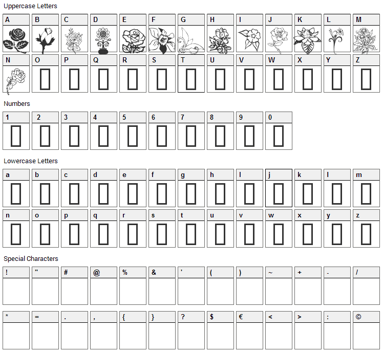 Floral Design Font Character Map