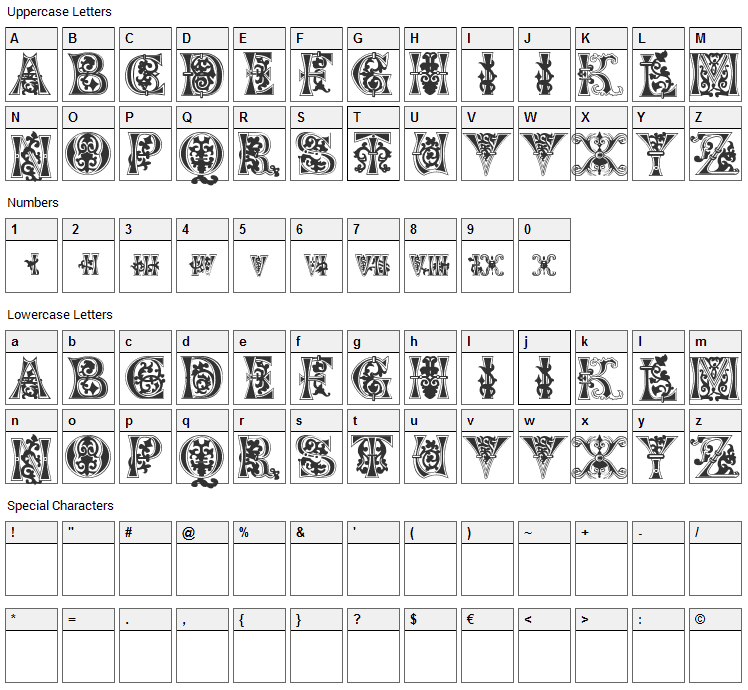 Floral Majuscules Font Character Map