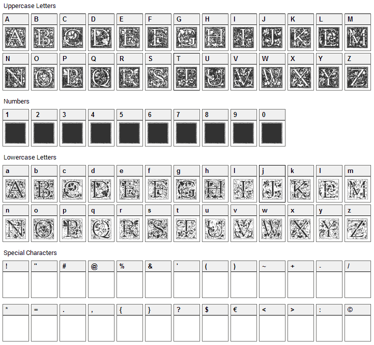 Florana Initials Font Character Map