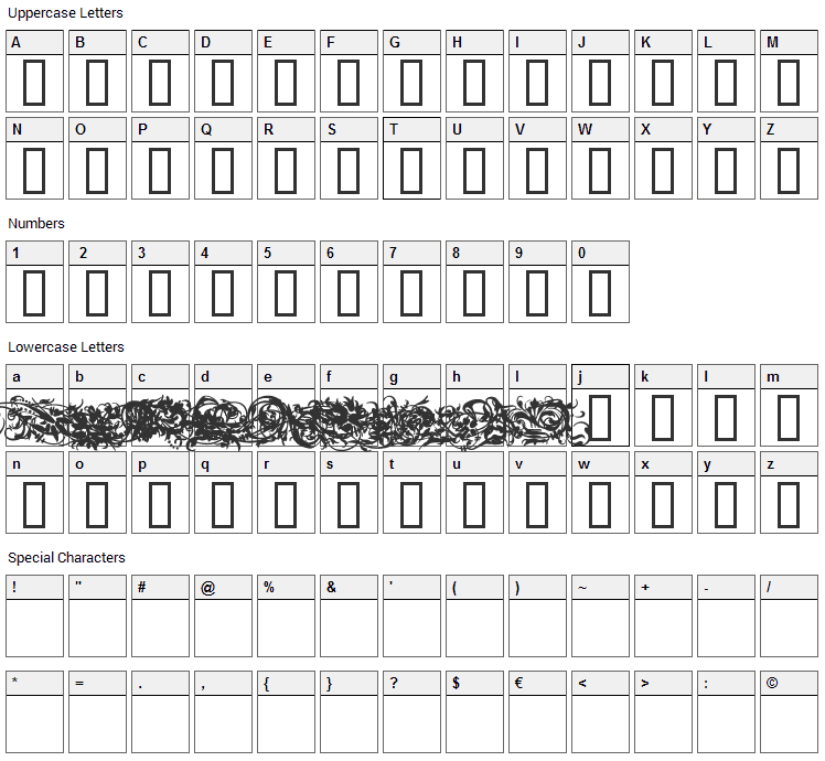 Flower Ornaments Font Character Map
