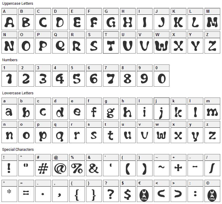 Flubber Font Character Map