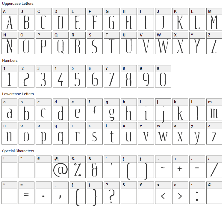 Fluid light Font Character Map