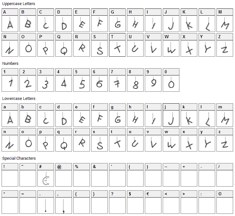 Fly Me To The Moon Font Character Map