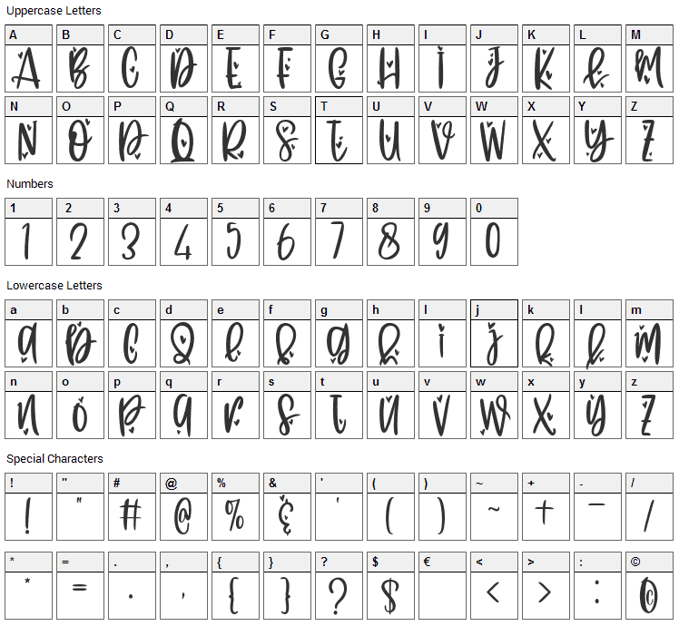 Flying Love Font Character Map