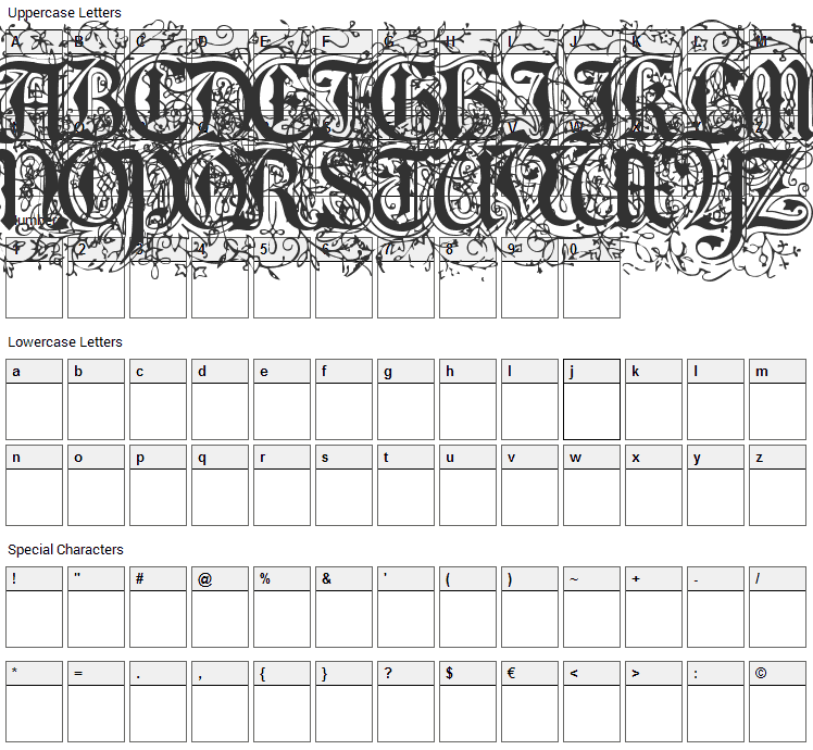 Foliar Initials Font Character Map