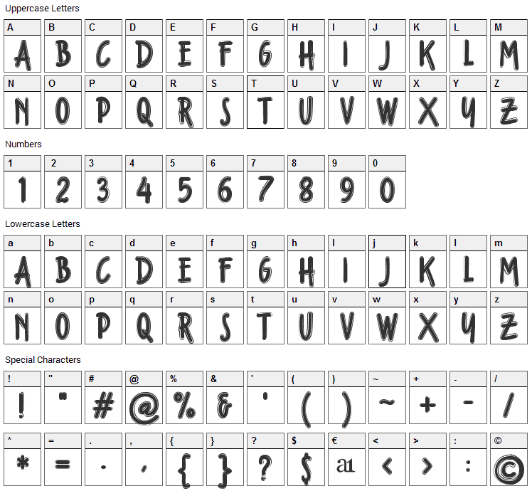 Fondian Outline Font Character Map