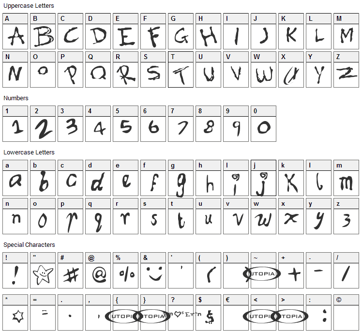 Font for Erin Font Character Map