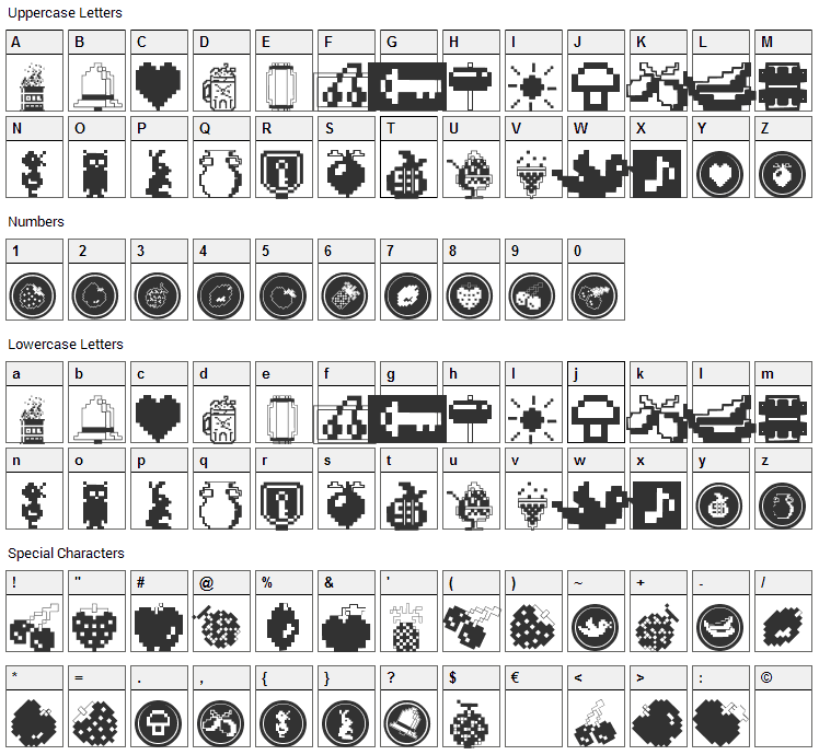 Fontalicious Thingbats Font Character Map