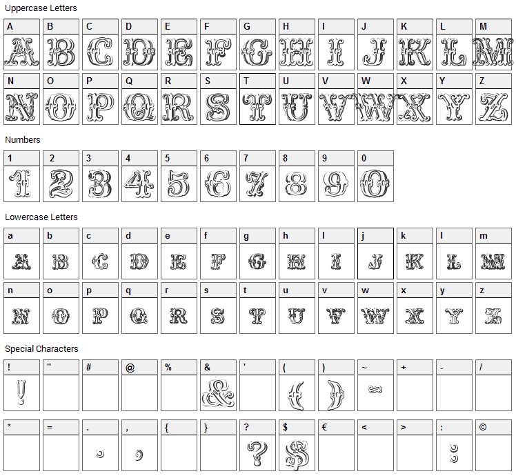 Fontaniolo Beveled Font Character Map