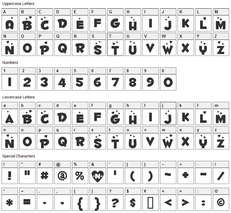 Fontdinerdotcom Luvable Font Character Map