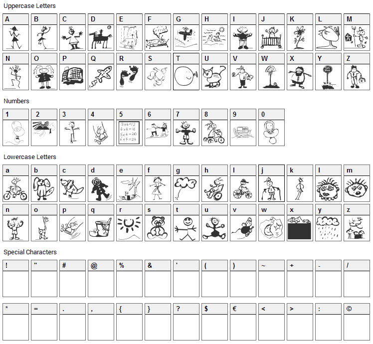 For Kids Font Character Map