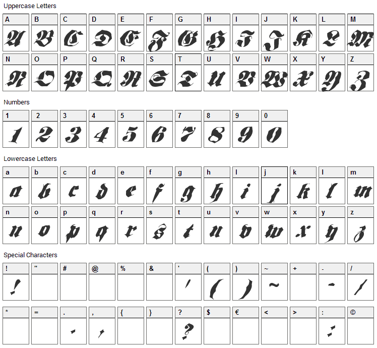 Frakt Font Character Map