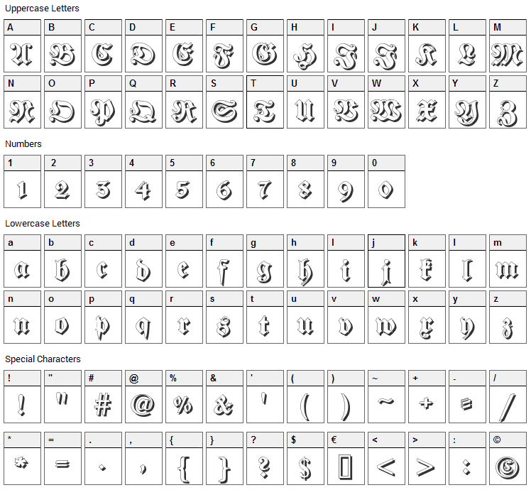 Fraktur Shadowed Font Character Map