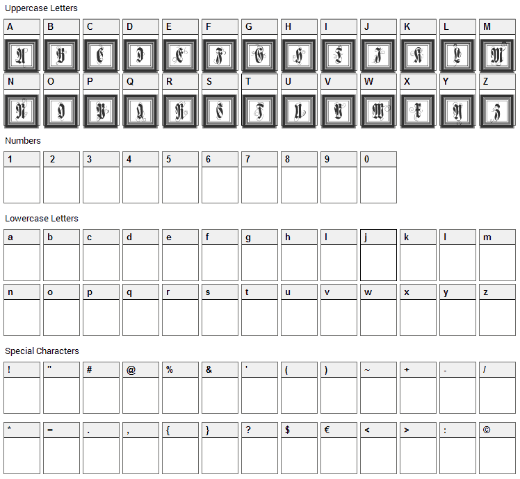 FramedFraxCaps Font Character Map