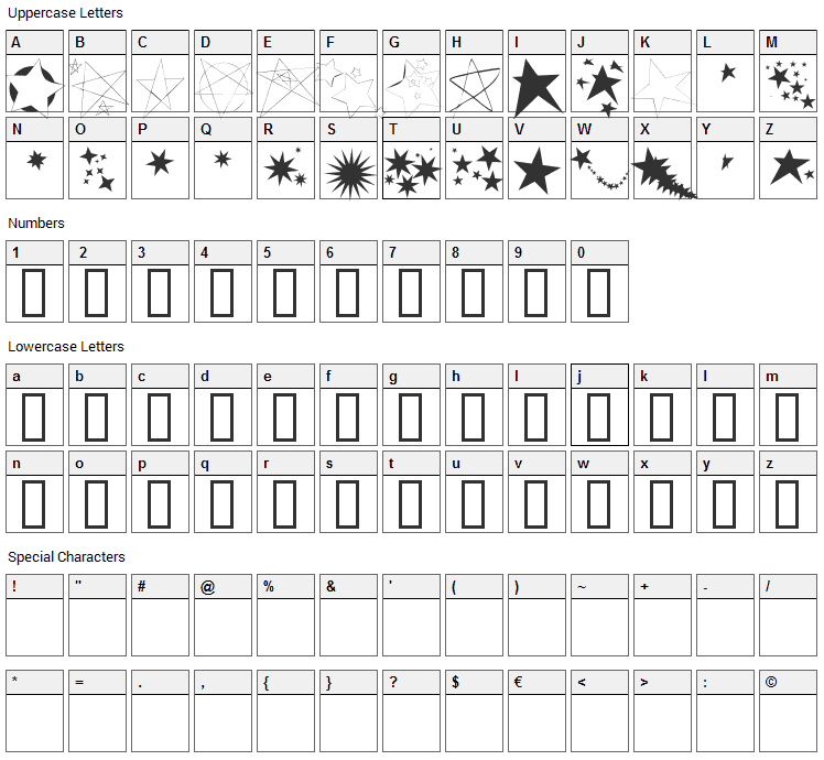 Freaking Stars Font Character Map