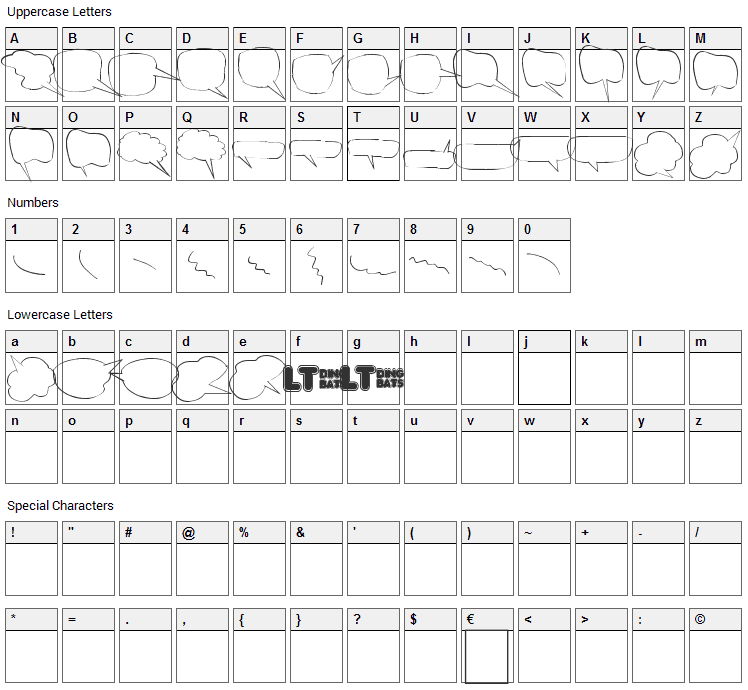 Freaky Comment Balloons LT Font Character Map