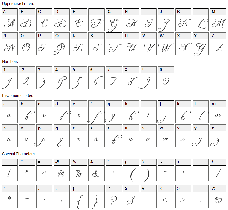 Freebooter Script Font Character Map