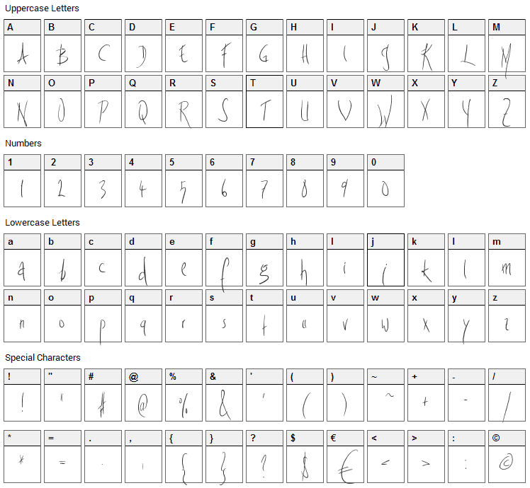 Fright Night Font Character Map