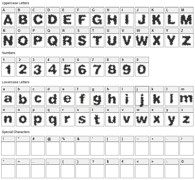 Frizzed Font Character Map
