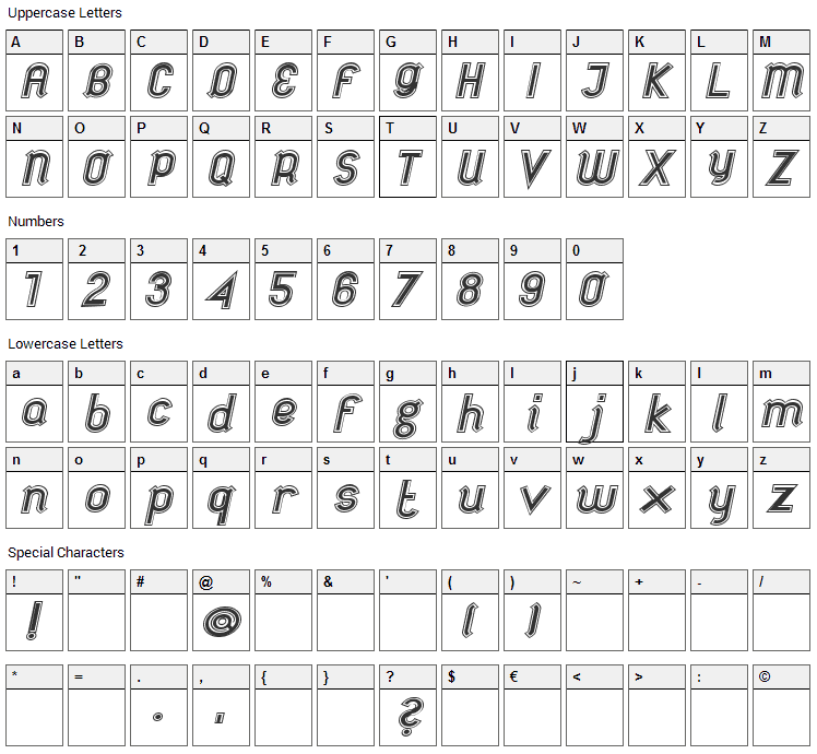 Futile Extra Italic Font Character Map