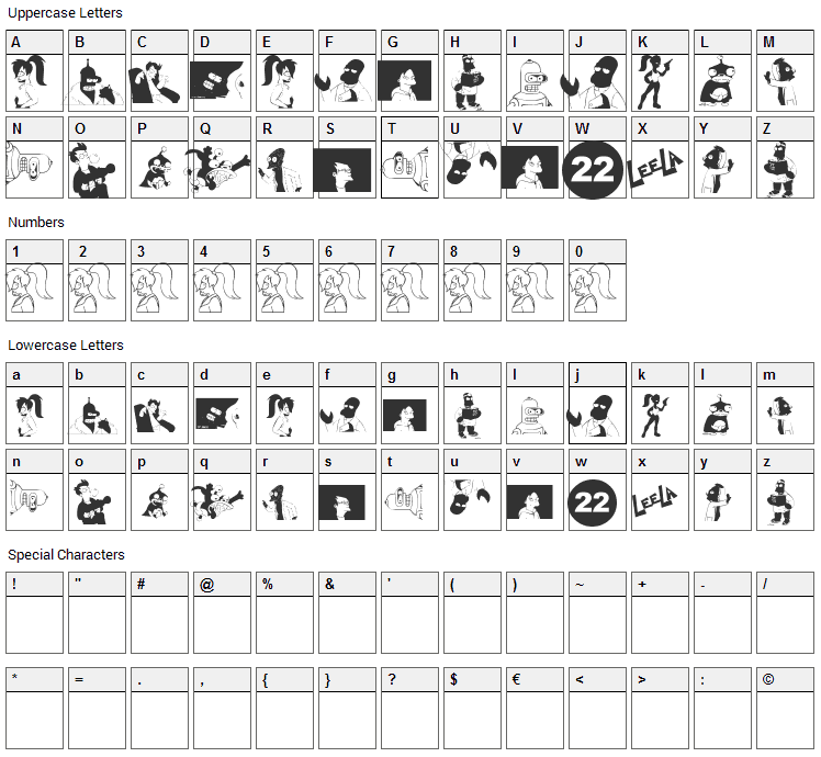 Futurama Alien Alphabet Two Font Character Map